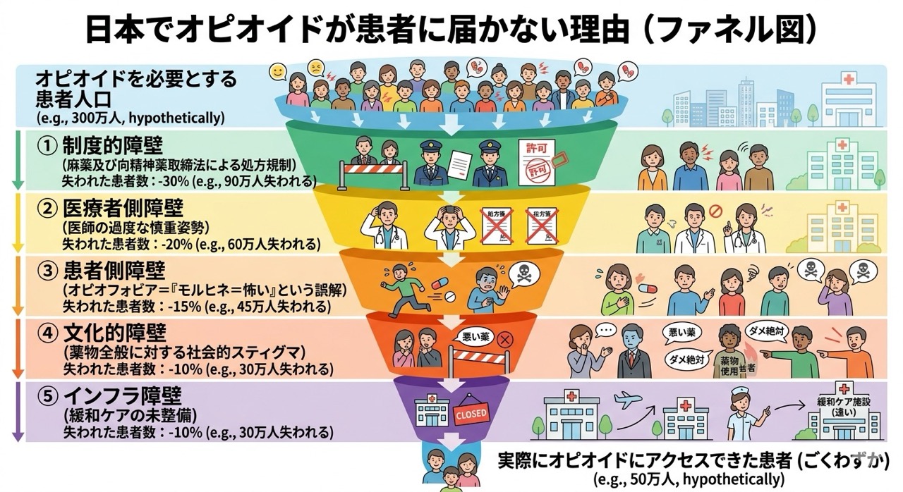 日本でオピオイドが患者に届かない理由のファネル図